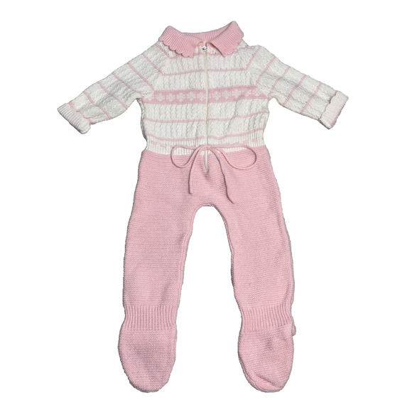 Vintage Pink White Knit Baby Sleeper Footed Zip Front Long Sleeve NO SIZE TAG - Picture 1 of 11